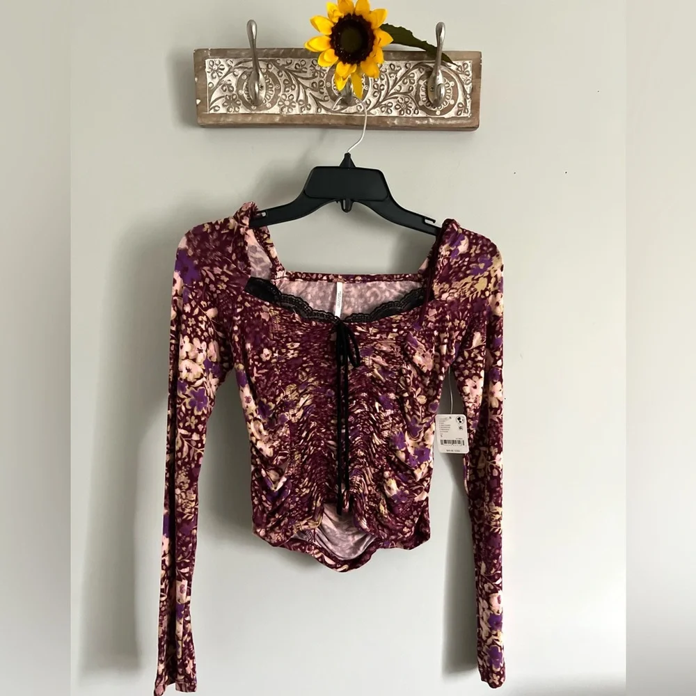 FREE PEOPLE Layer It On Me Top - Size Small - Red Combo Long Sleeve Boho - NWT
